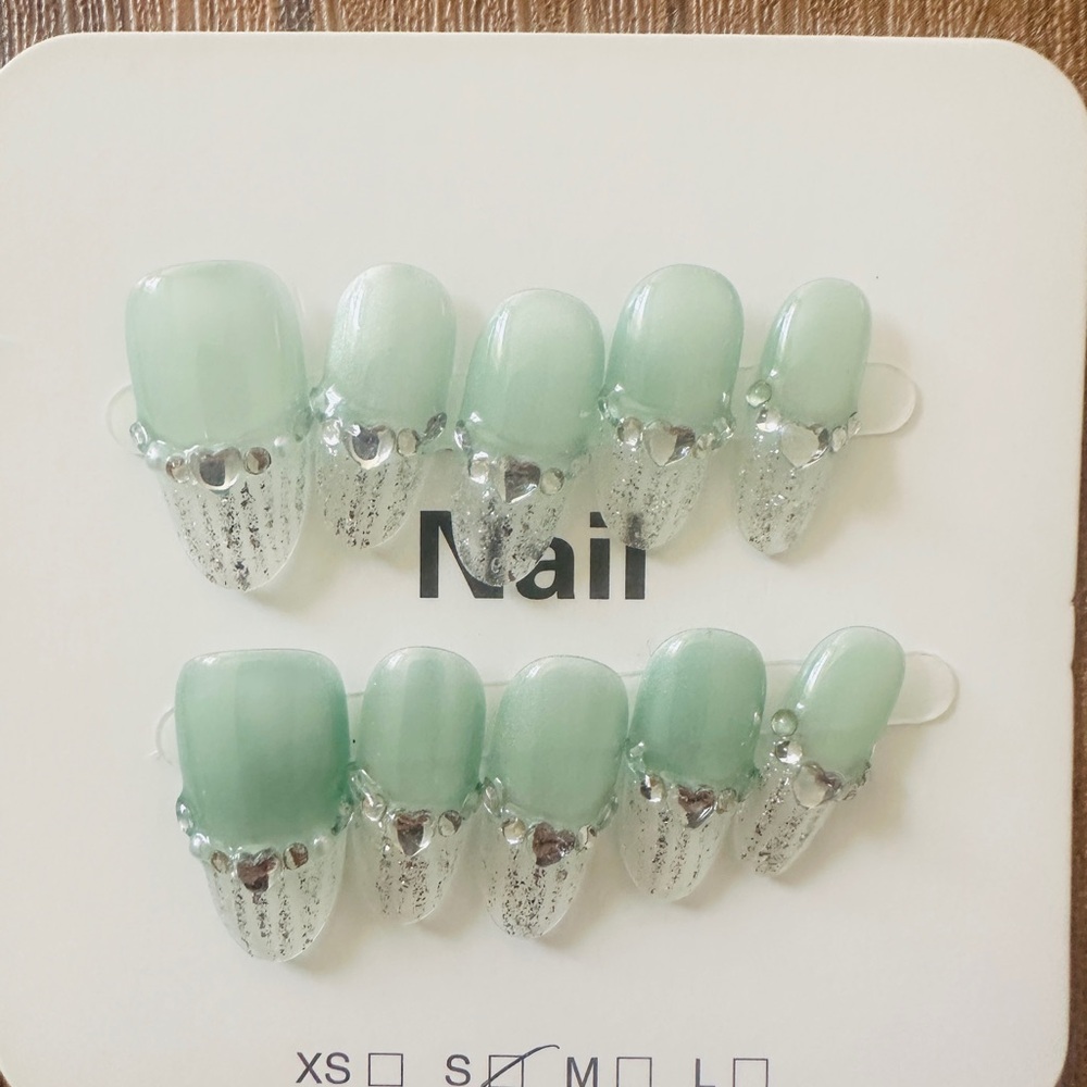 Mint Green and Silver Press-On Nails